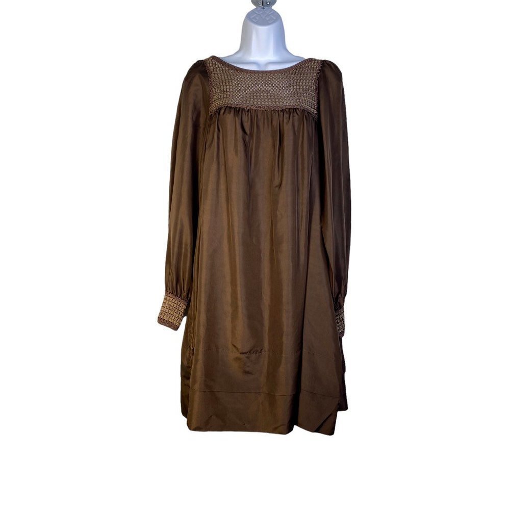 BCBG MAXAZRIA Women's Shift Dress Brown Knee Length Crochet Trim Long Sleeve‎ M